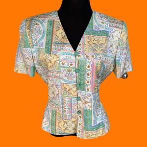 80's 90's vintage paisley floral 100% silk blouse Size 8 adrianna papell